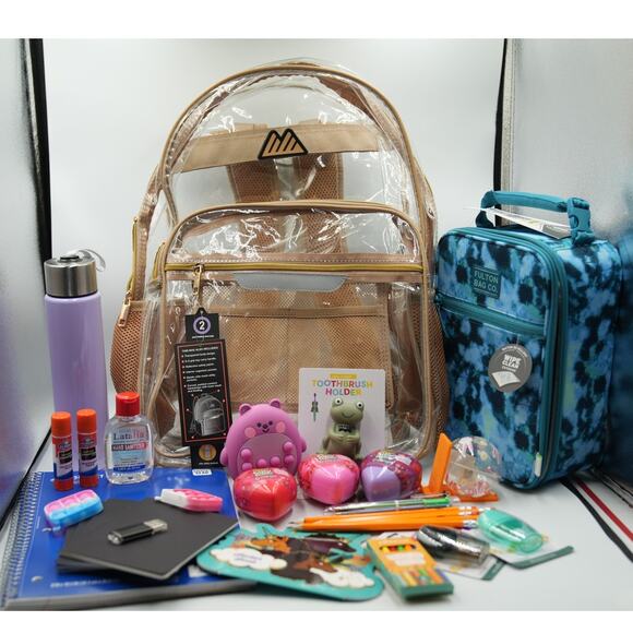 Clear Back-to-School Bundle | Tan Transparent Backpack + Blue Fulton Lunchbox - Picture 1 of 16